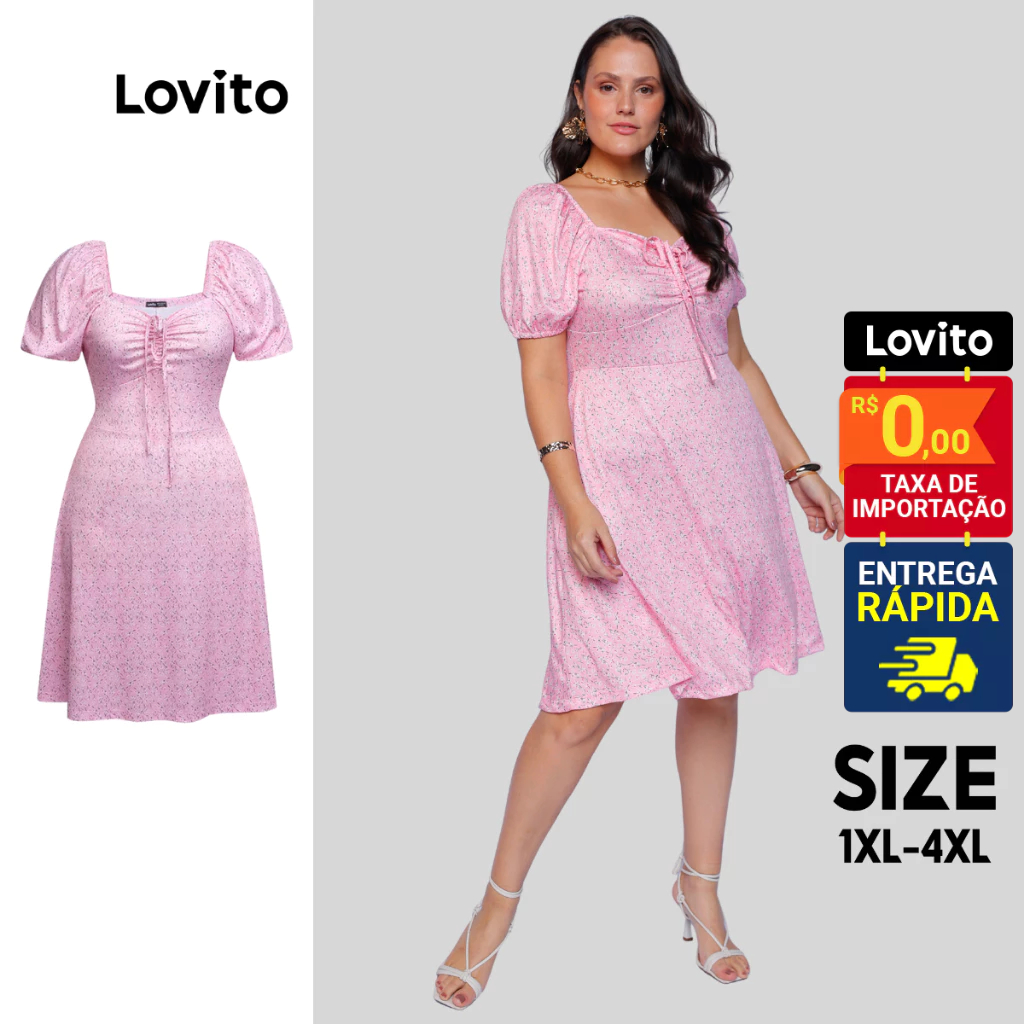 Lovito Vestido Plus Size Curto Floral Com Amarração Fofo Feminino LB774BRL804