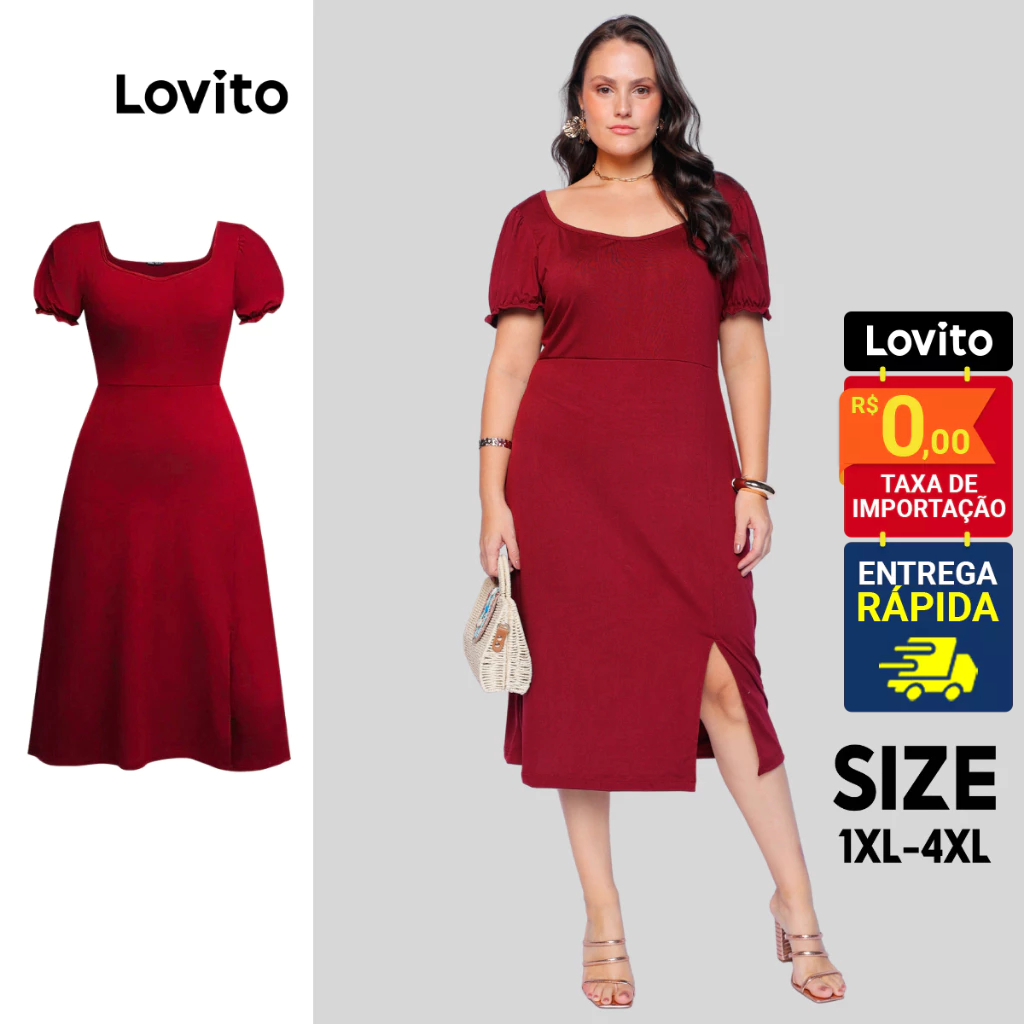 Lovito Vestido Tubinho Plus Size Elegante Midi Vermelho Liso Feminino LB171BRL200