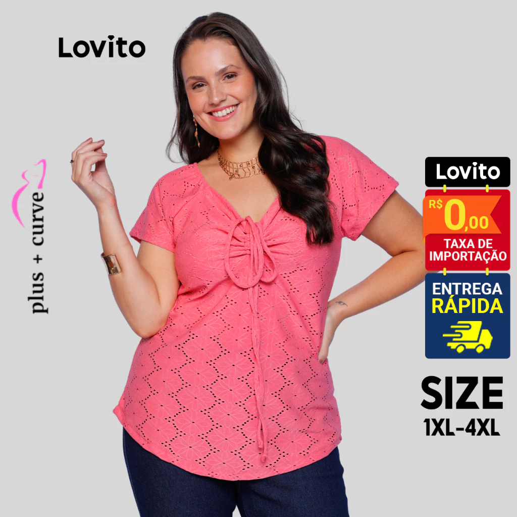 Lovito Blusa Plus Size Manga Curta Amarracao Feminina LB1037BRL1067