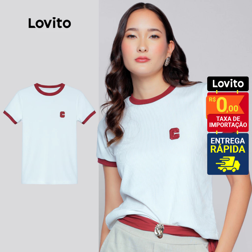 Lovito Camiseta Branca Básica Gola Vermelha Contrastante Lisa Feminina LB1140BRL1170 em Oferta na Shopee