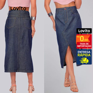 Lovito Saia Jeans Midi Fenda Moda Modesta Lisa Casual Feminina LB724BRL754 em Oferta na Shopee