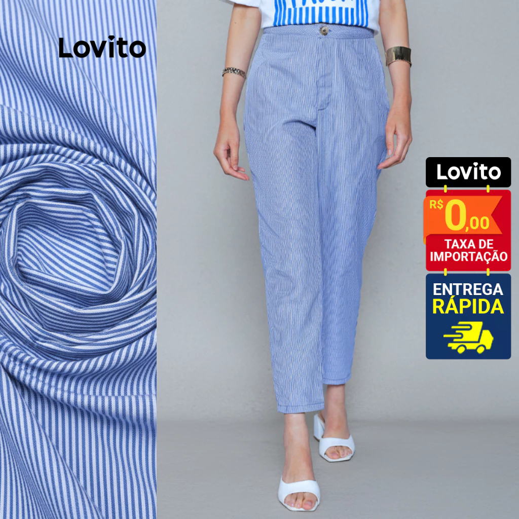 Lovito Calça Listrada Alfaiataria Azul Cigarrete Casual Feminina LB490BRL520