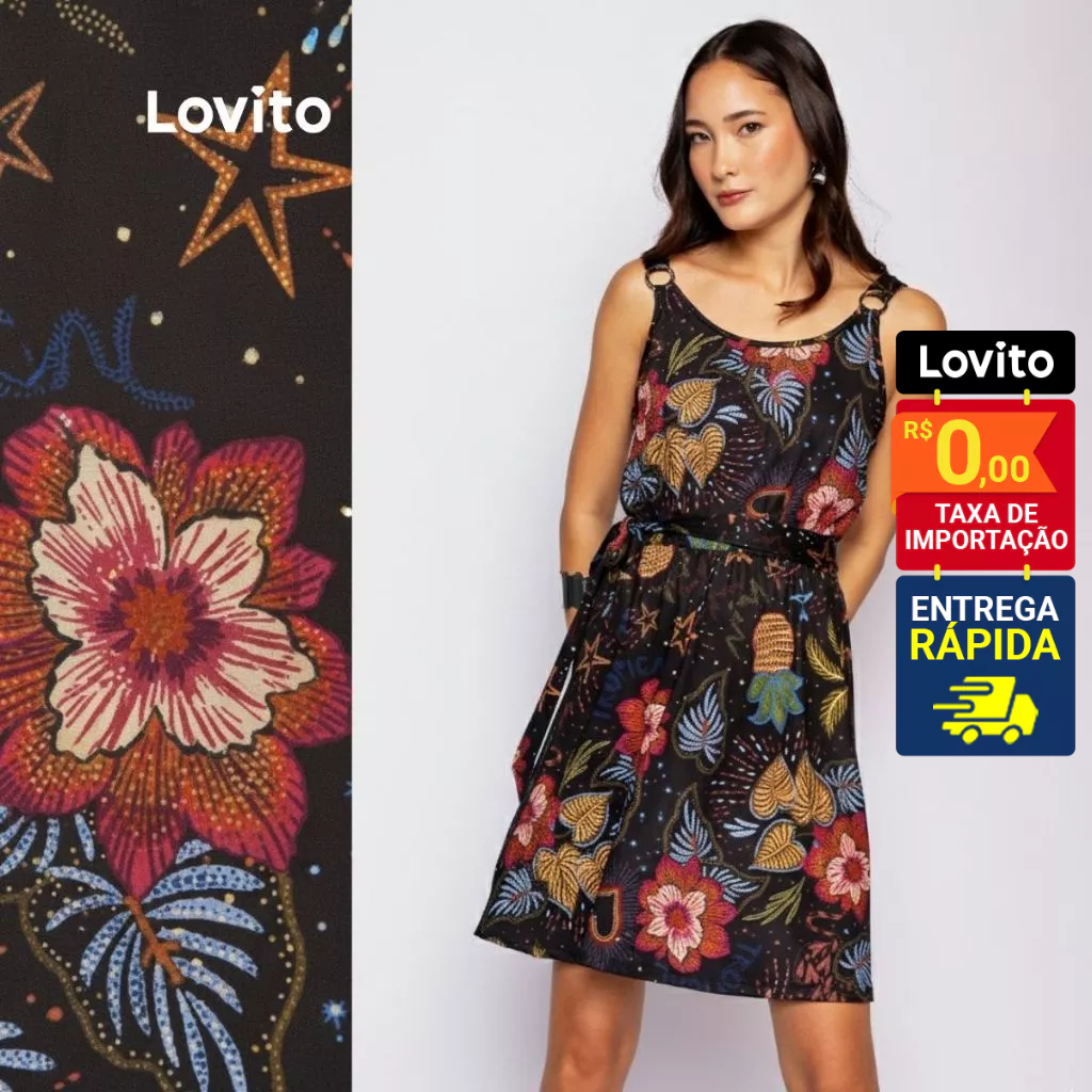 Lovito Bossa l Vestido Feminino Casual com Estampa Tropical Feminino com Detalhe de Argola LB659BRL689