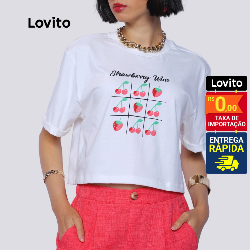 Lovito x Glenda T-Shirt Cropped Manga Curta Moda Estampa Divertida Morangos LB1386BRL1416