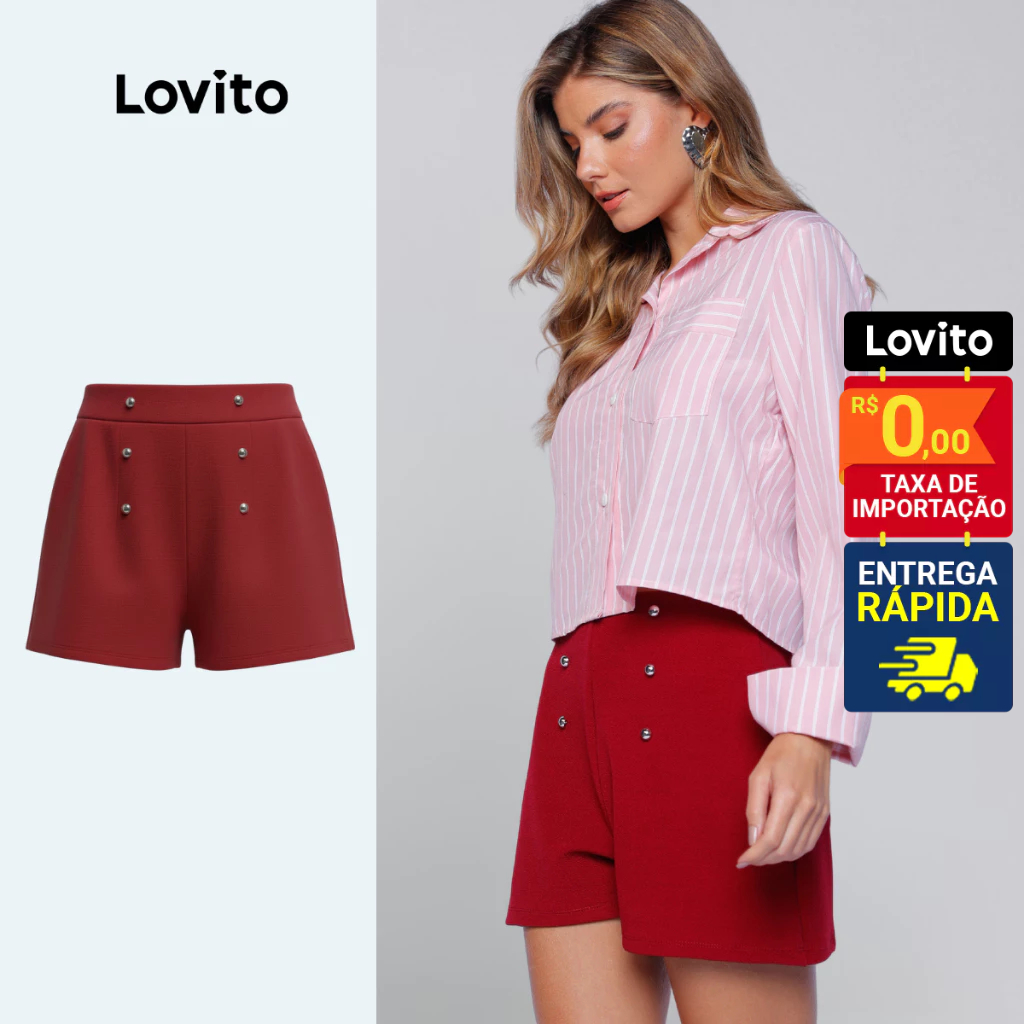 Lovito Shorts Vermelho Alfaiataria com Botoes Frontais  Femino de Cintura Alta LB1322BRL1352