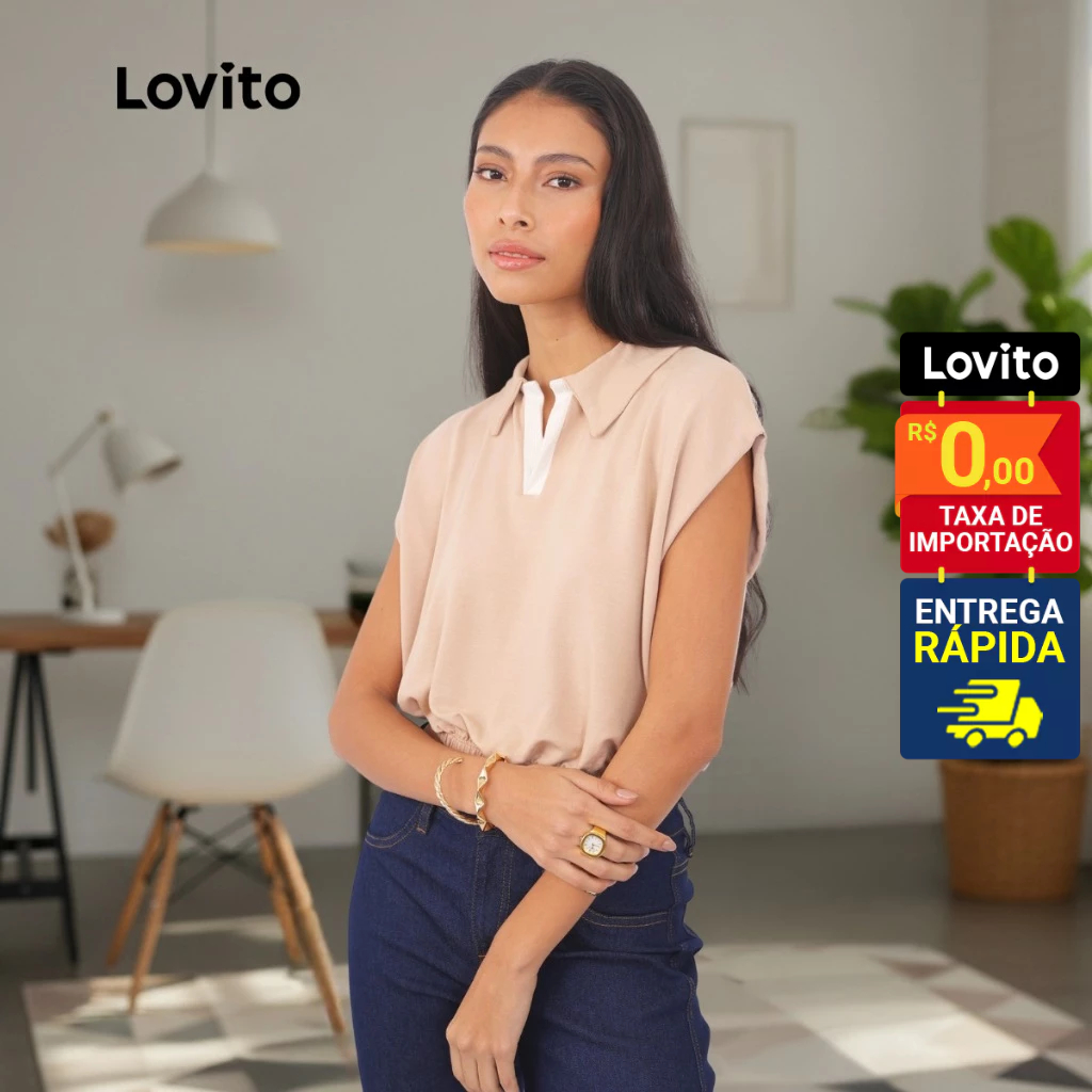 Lovito Polo Com Vista Manga Curta Casual Moda Lisa Feminina LB891BRL921