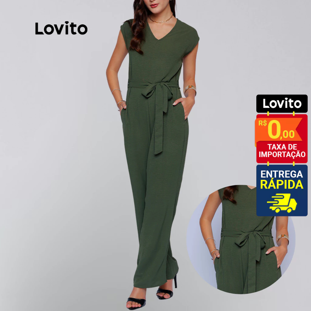 Lovito x Glenda Macacão Sem Manga Verde Longo Alfaiataria com Bolsos Moda Elegante Liso Feminino LB911BRL941