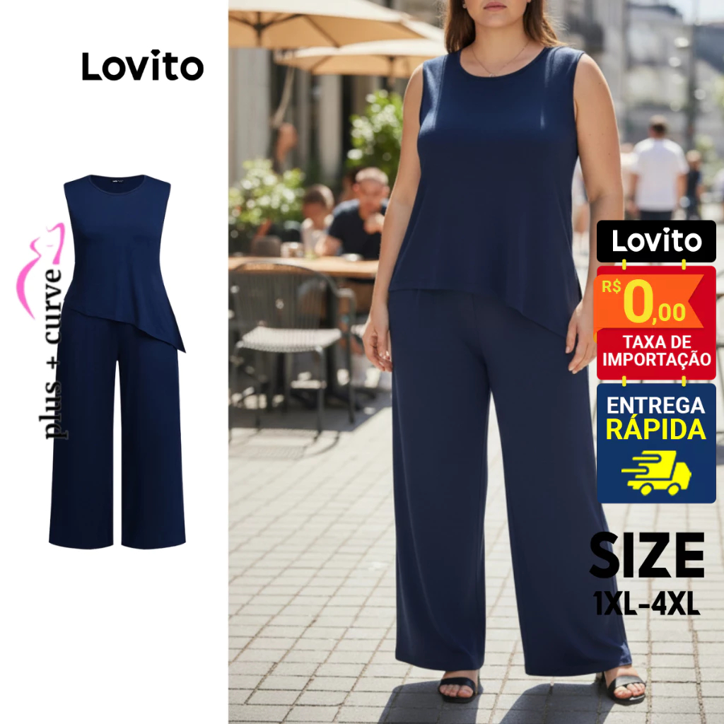 Lovito Conjunto Casual Feminino Plus Size Liso LB625BRL655