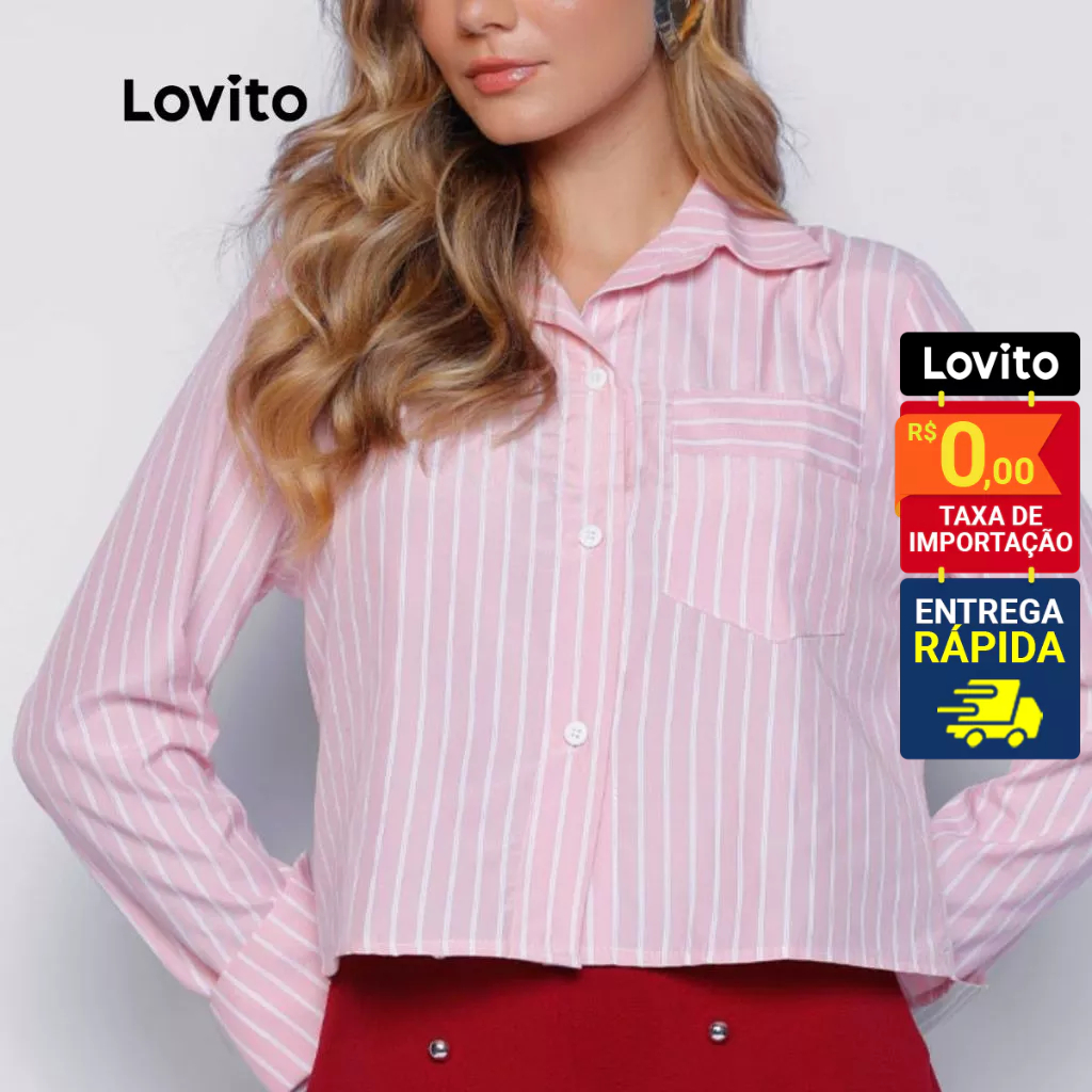 Lovito Camisa Listrada Rosa Alfaiataria Bolsos Cropped Feminina Oversized  LB1305BRL1335