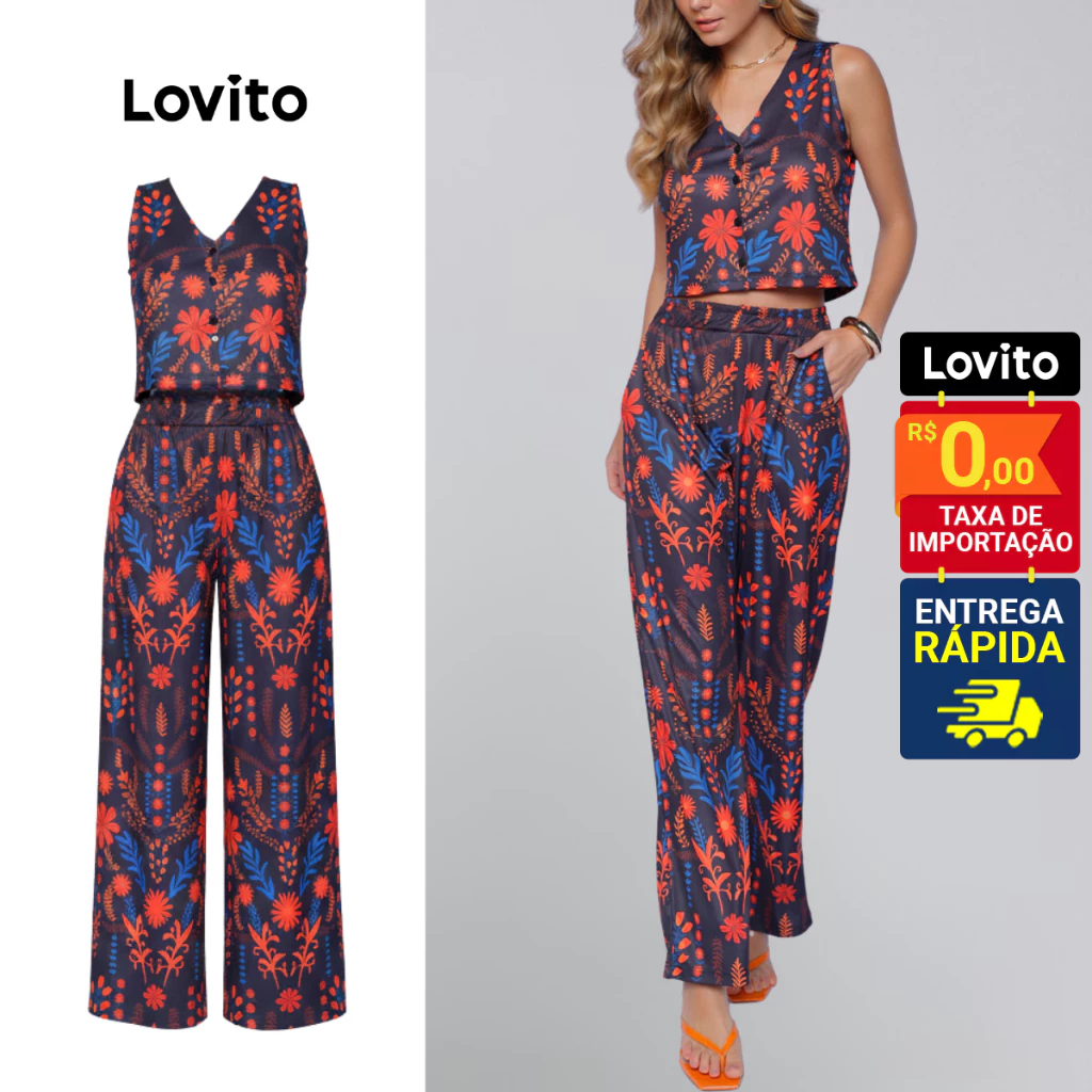 Lovito Bossa l Conjunto Feminino de Calça e Colete Estampa Boho Fundo Escuro LB1193BRL1223