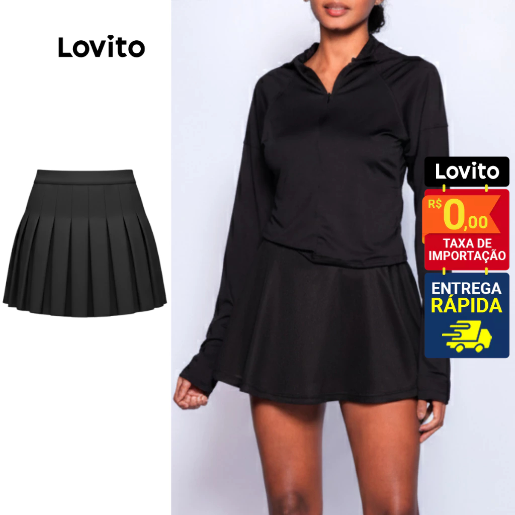 Lovito Saia Esportiva Tenis Curta Rodada Preta Basica Feminina Lisa LB884BRL914