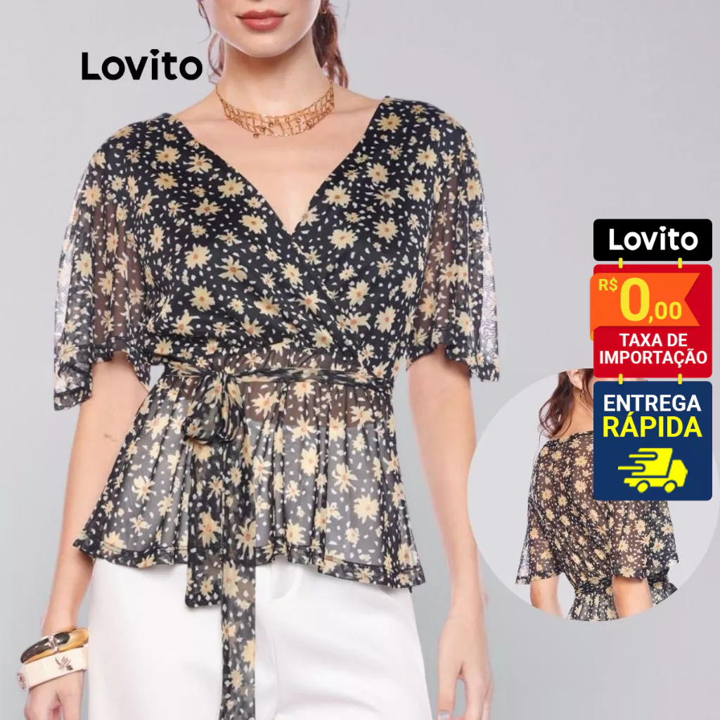Lovito Blusa Tule Estampa Flores Amarração na Cintura Manga Curta Elegante Feminina  LB1339BRL1369