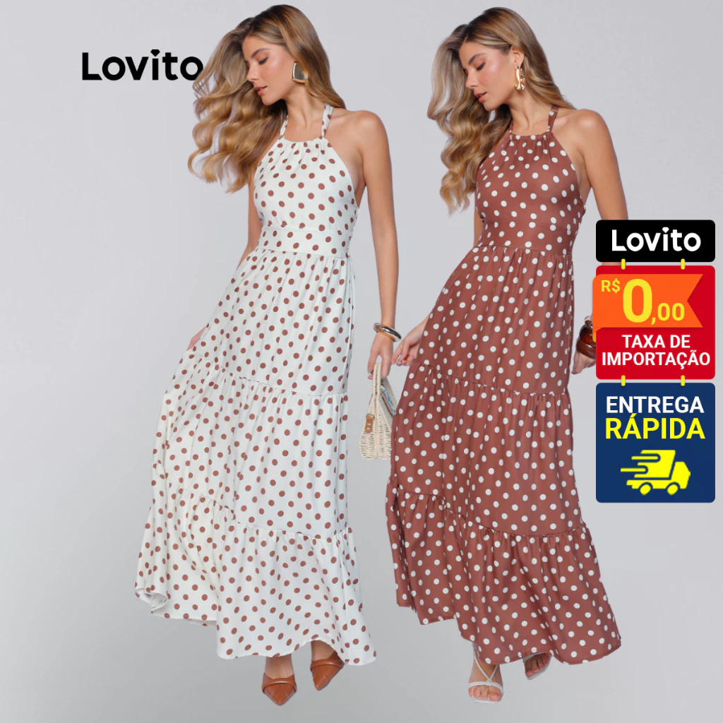 Lovito Vestido Longo Poa Moda Bolinhas Elegante de Poá Feminino LB1334BRL1364