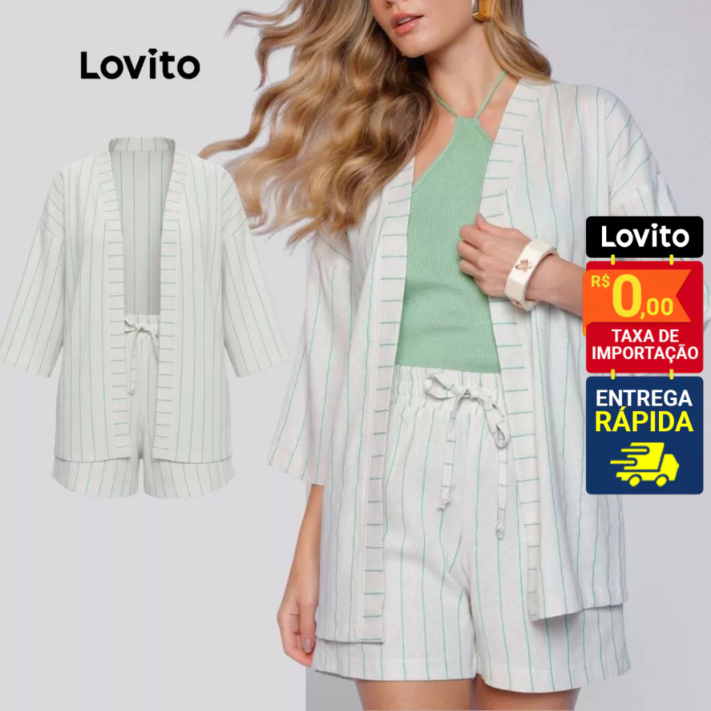 Lovito Conjunto Shorts Curto Amarração Elastico e Kimono Listrado Branco Feminino LB1337BRL1367