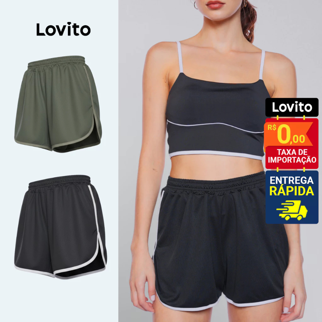 Lovito Shorts Curto Preto e Branco Academia Esportivo Feminino LB1280BRL1310