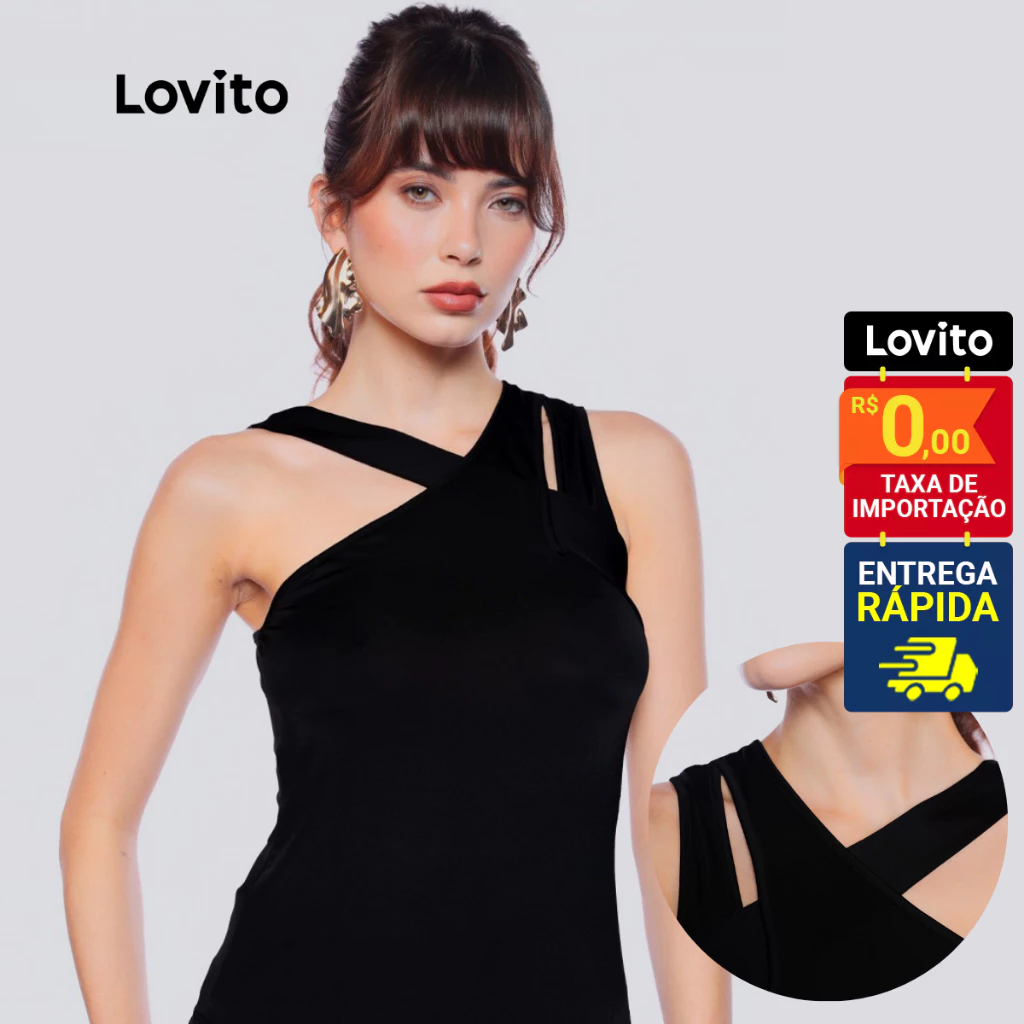 Lovito Blusa Preta Sexy Transpassada Basica Feminina Alças Cruzadas LB1156BRL1186 em Oferta na Shopee