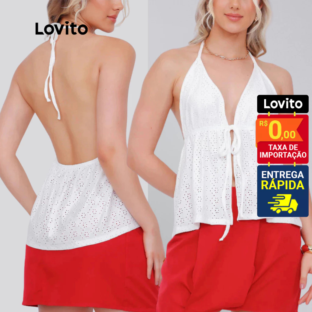 Lovito Blusa Frente Unica Amarração Laise Decote V Feminina LB1436BRL1466