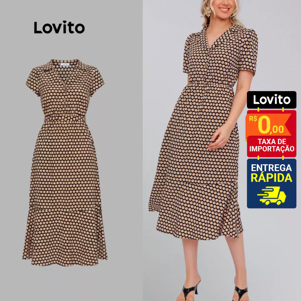 Lovito Vestido Midi Estampado Tecido Elegante Com Gola Manga Curta Basico Feminino Moda  L...