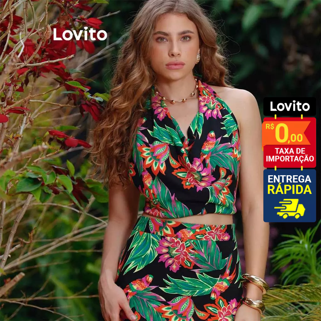 Lovito Bossa I Top Feminino em Viscose Frente Única Estampa Folhagens com Fundo Escuro LB1214BRL1244
