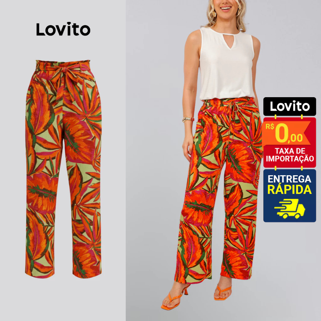 Lovito Bossa I Calça Feminina em Viscose com Amarração e Estampa Boho de Folhagens LB1474BRL1504 em Oferta na Shopee