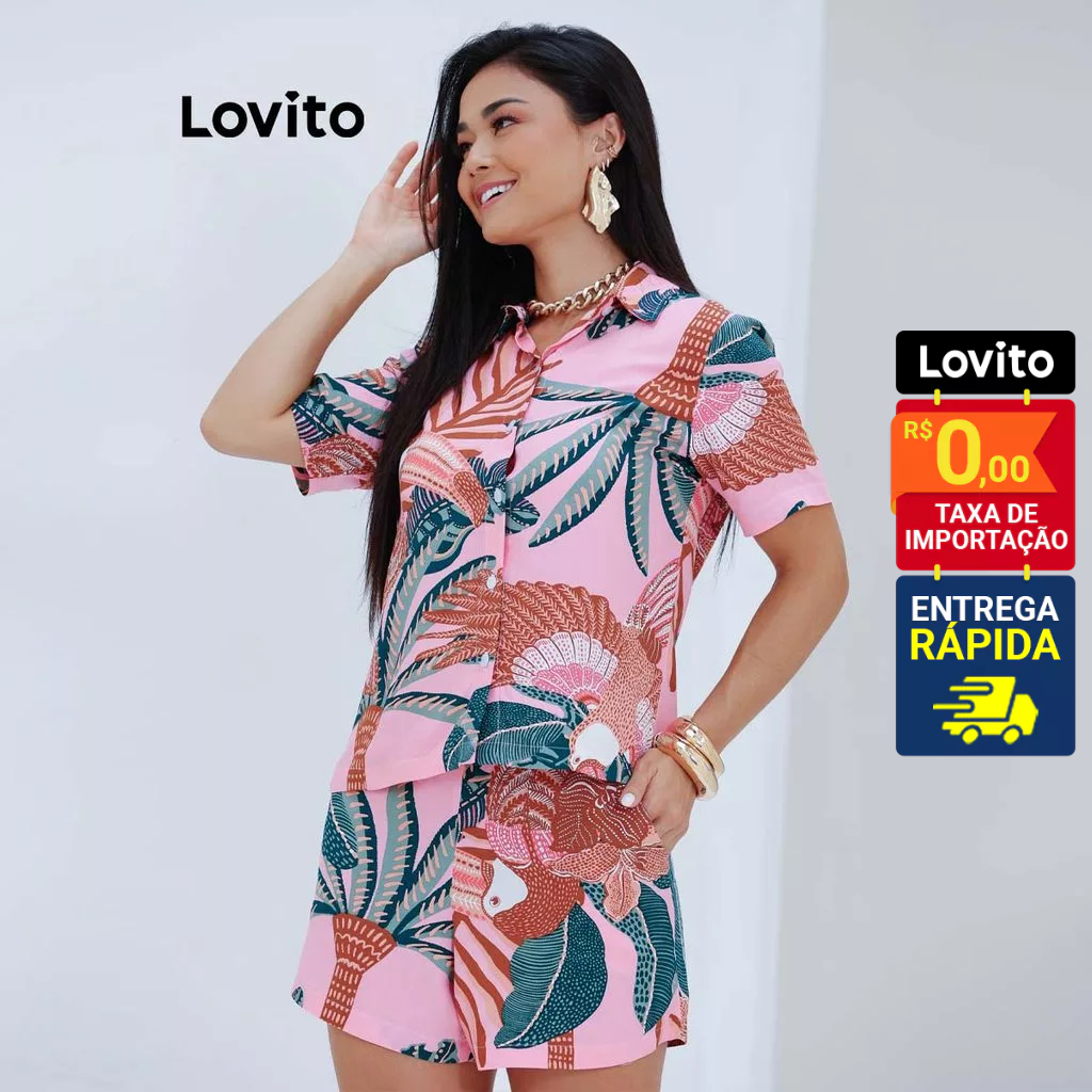 Lovito Bossa I Shorts Feminino em Viscose Estampa Tropical Boho com Cintura Alta LB1473BRL1503