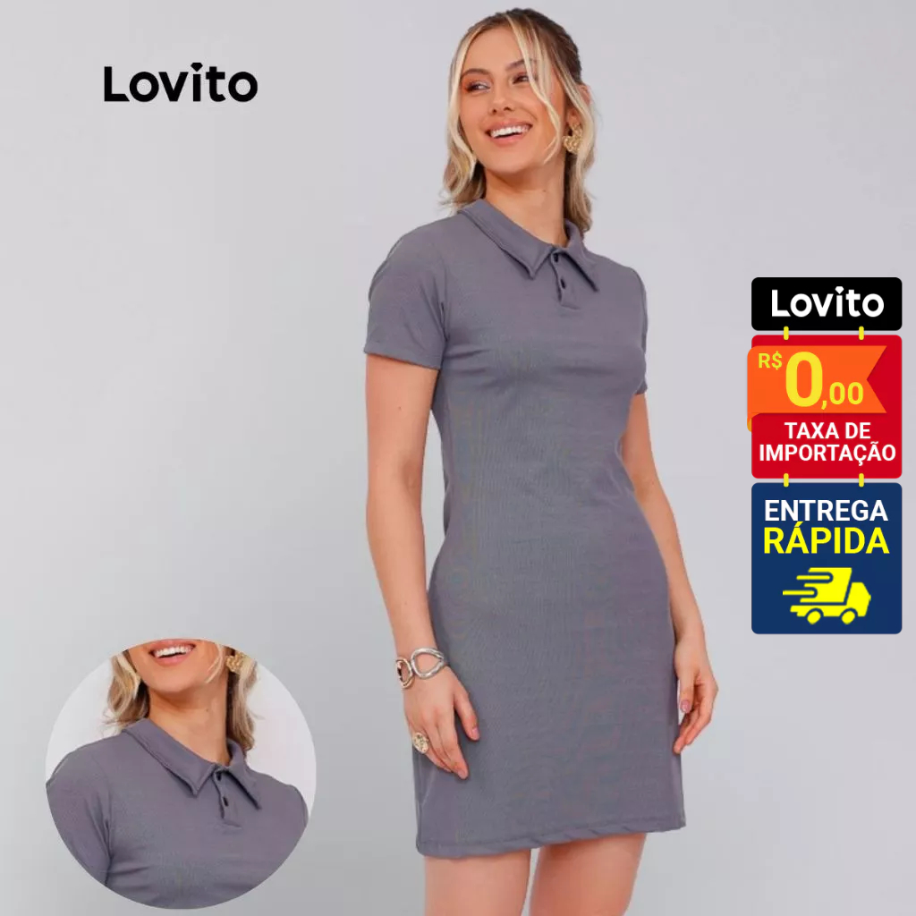 Lovito Vestido Curto Polo Cinza Manga Curta LB846BRL876