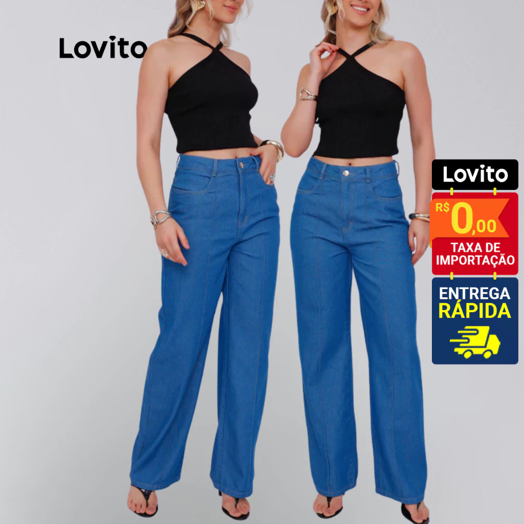 Lovito Calça Jeans Wide Feminina LB1274BRL1304 em Oferta na Shopee