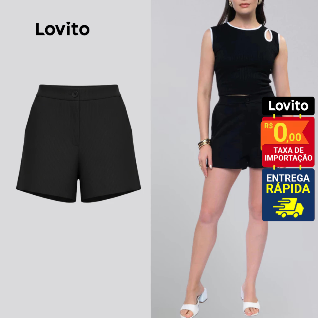 Lovito Shorts Com Botao e Vista Casual Moletom Feminino LB532BRL562 em Oferta na Shopee