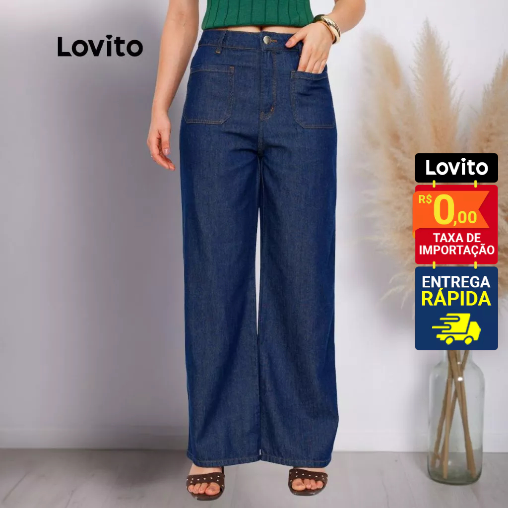 Lovito Calça Jeans Amaciado Bolsos Frontais Wide Leg Basica Feminina BRL1440 em Oferta na Shopee