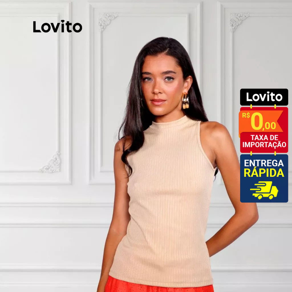 Lovito Regata Gola Alta Moda Feminina Casual Lisa LB1182BRL1212 em Oferta na Shopee