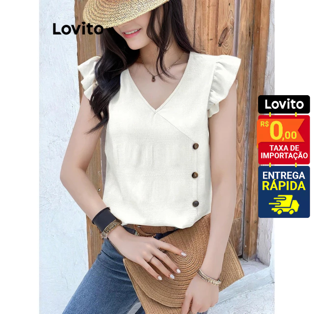 Lovito Casual Blusa Feminina Lisa com Botão LBL09254 em Oferta na Shopee
