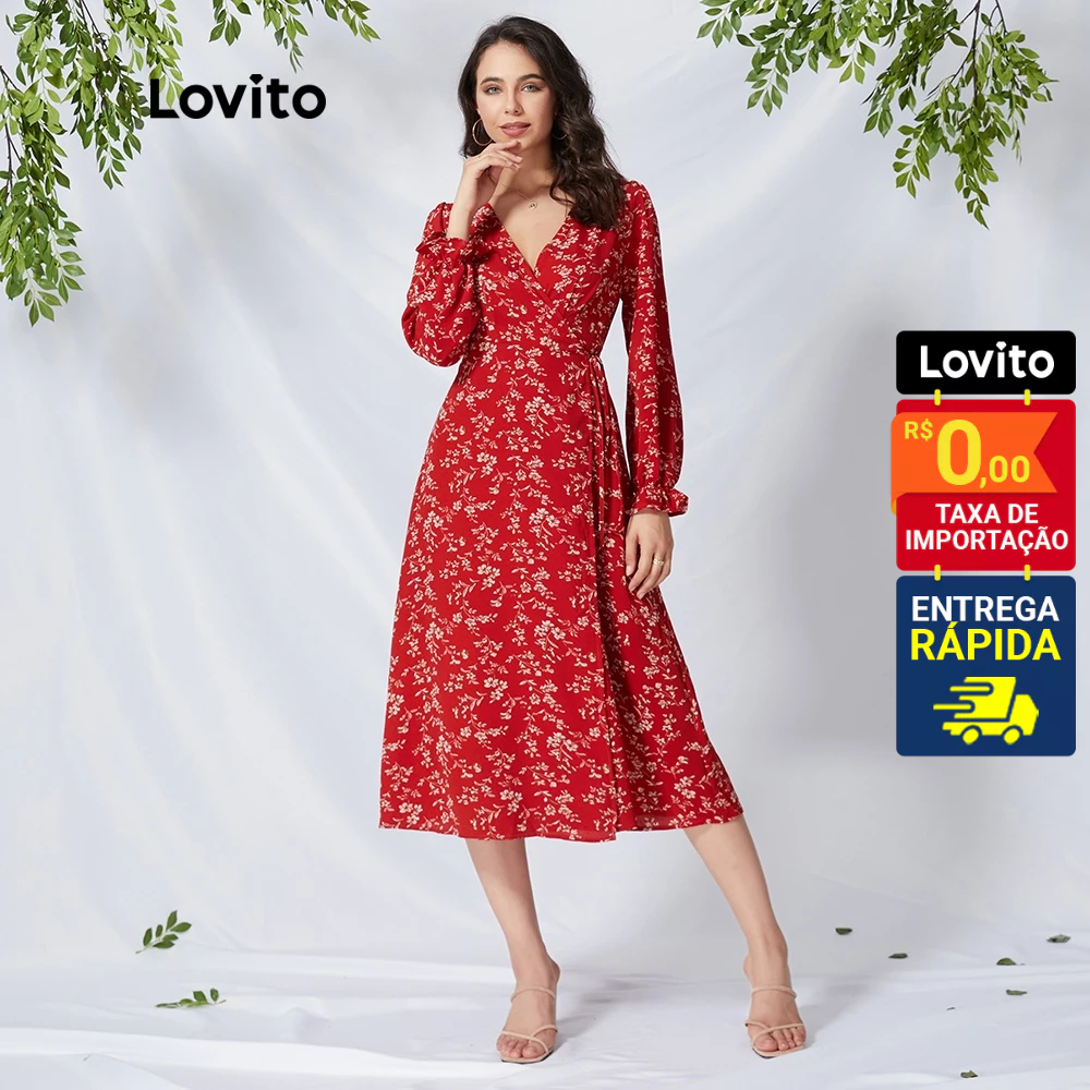 Lovito -  Vestido Longo Feminino Boho Com Estampa Floral Decote V L01146nas cores vermelho