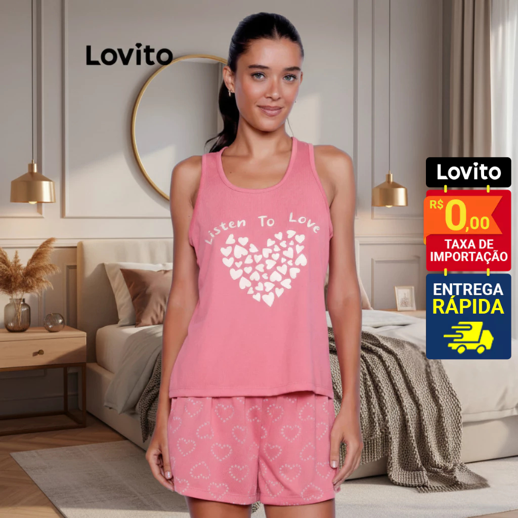 Lovito Conjunto de Pijama Curto Feminino Com Estampa de Coração LB999BRL1029