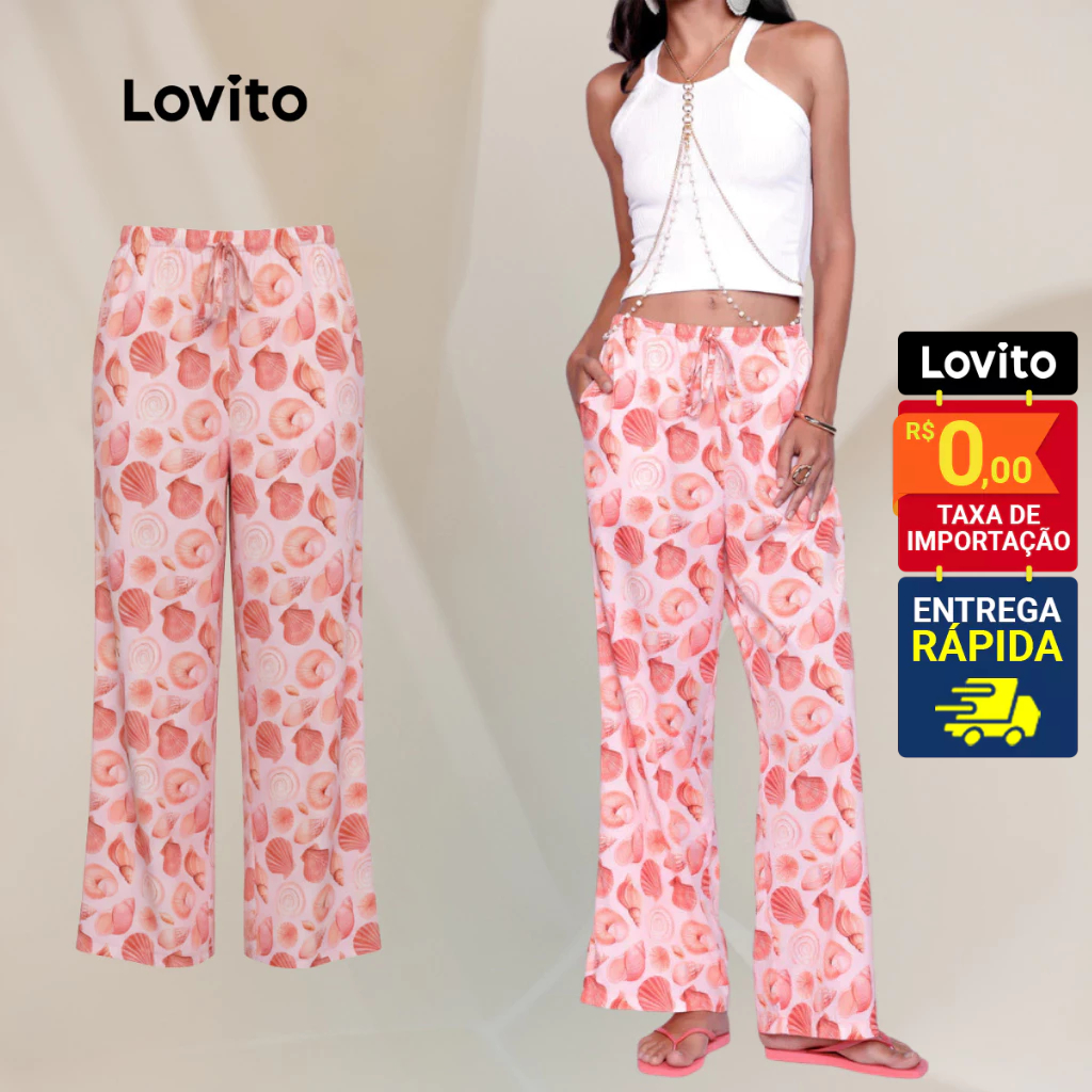 Lovito Bossa l Calça Fofa Estilo Pijama Moda Feminina Reta Estampa Conchas LB15431573 em Oferta na Shopee