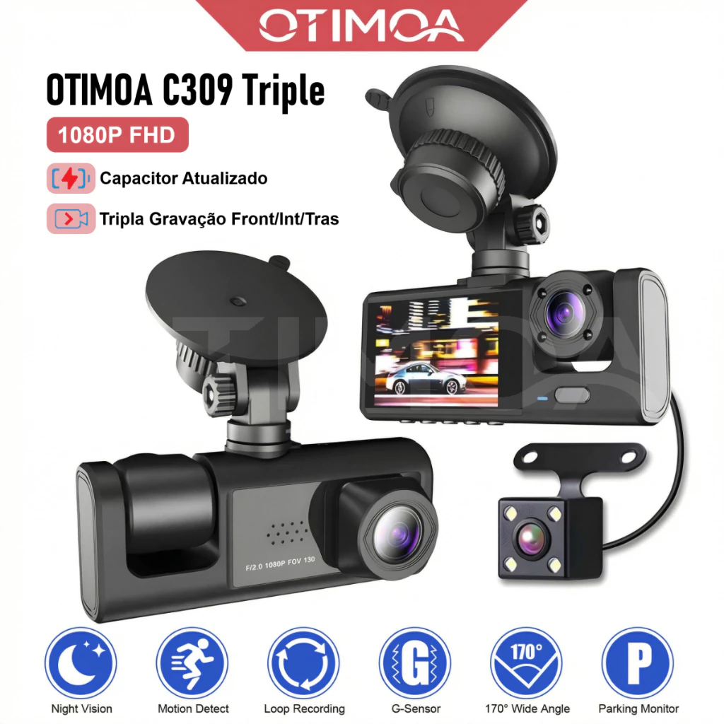OTIMOA Câmera Dashcam Veiculare 3 Lentes HD 1080p DVR Gravação Para Uber Monitoramento Estacionamento Visão Noturna