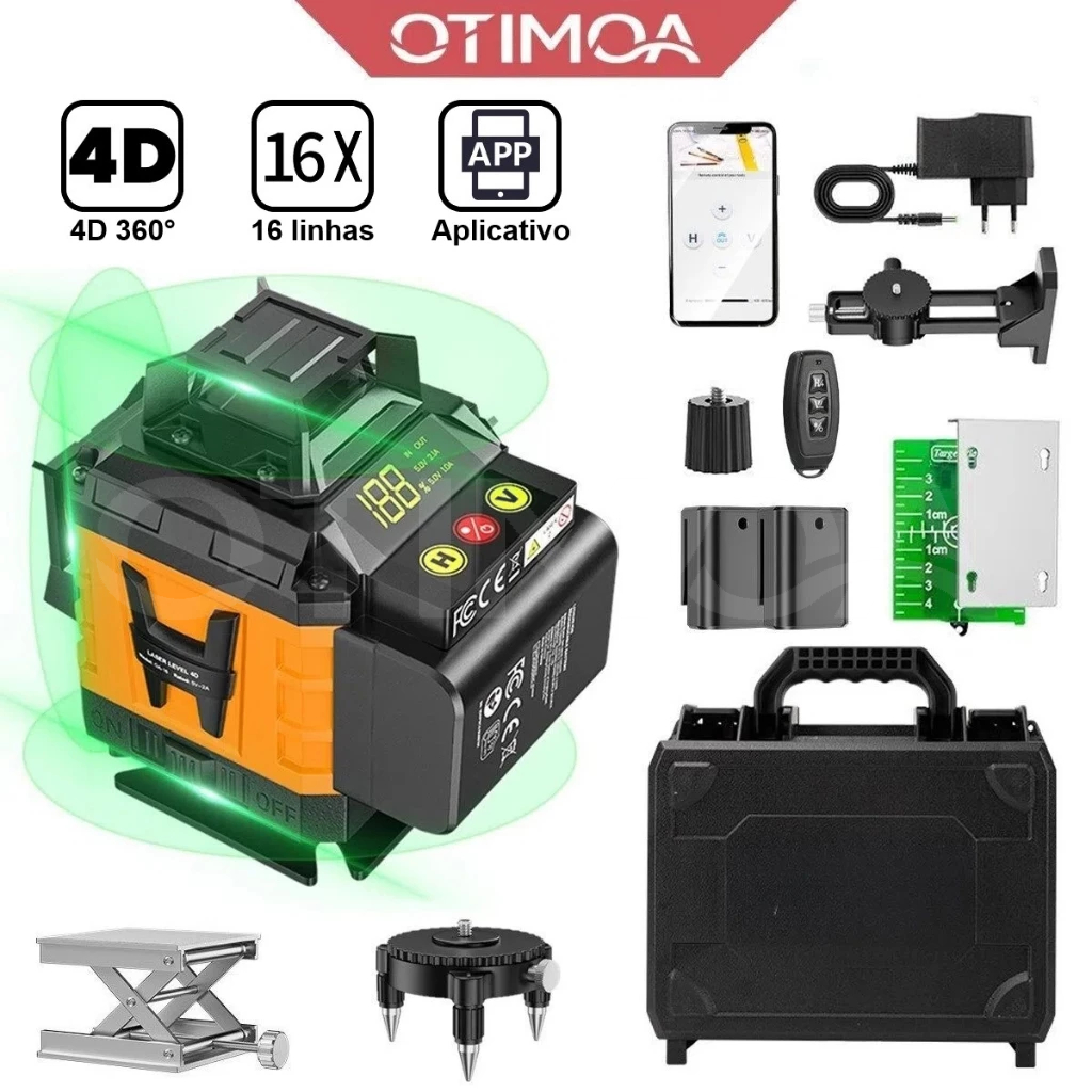 OTIMOA Nível Laser 4D 16 Linhas Profissional com Kit Completo, 2 Baterias, Maleta e App