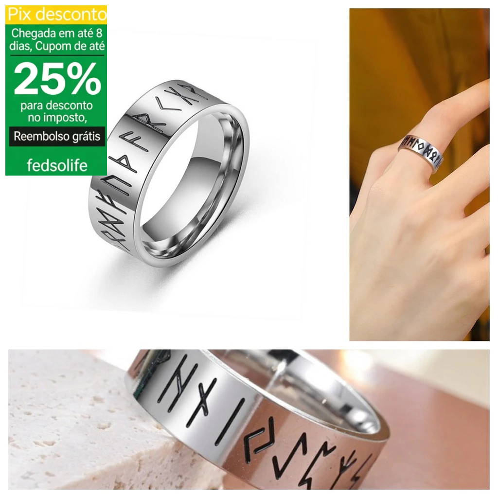 Fedsolife Anel Anel Masculino de Aço Titânico com Runas Viking, Estilo Nórdico Neutro e Minimalista