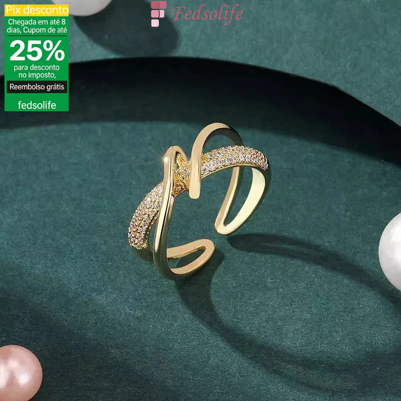 Fedsolife Anel Feminino Ajustável Banhado Ouro Zircônia, Estilo Coreano Japonês Minimalista