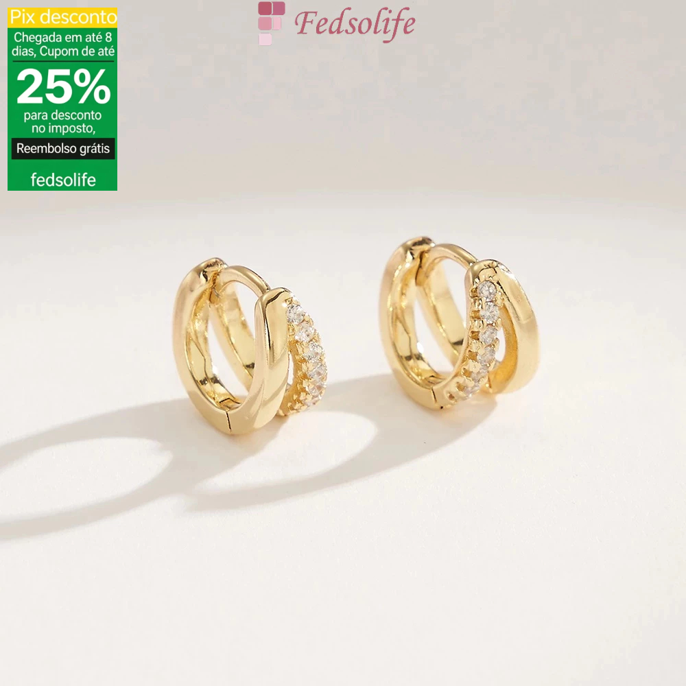 Fedsolife Brincos Duplo Anel Fechador Banhado Ouro, Coreano, Impermeável Não Desbota