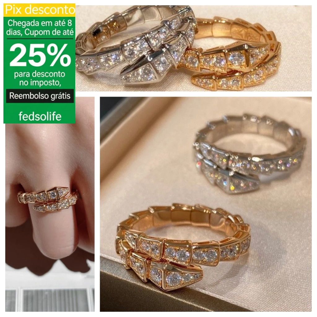 Fedsolife Anel Pequeno Forma de Cobra Novo Produto Cheio de Diamante Osso de Cobra Aberto Feminino