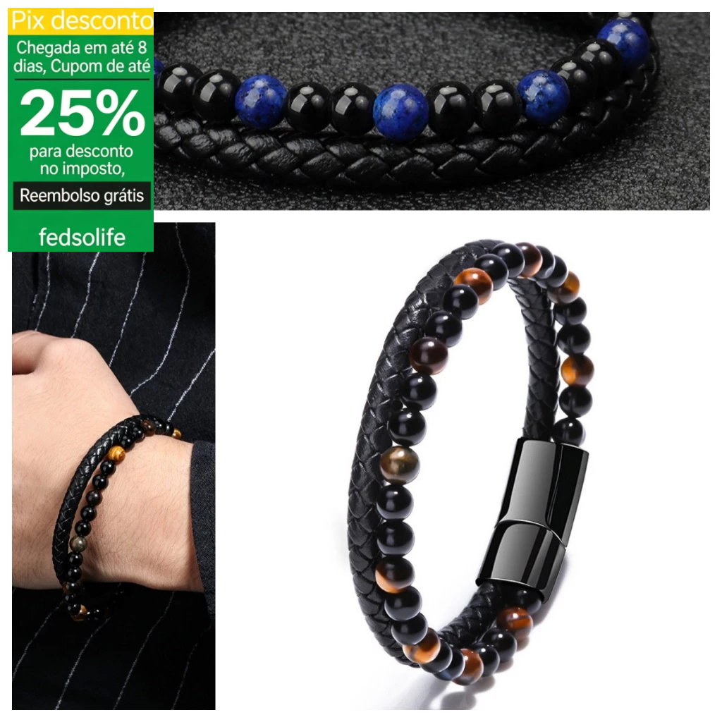 FEDSO Simples Natural Pedra Vulcânica Masculina Fivela Magnética Trançada Pedra Olho de Tigre Usando
