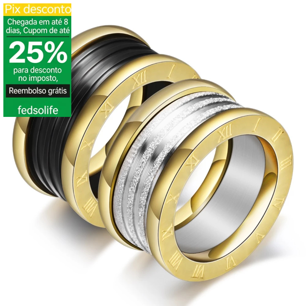 Fedsolife Moda Anel Simples All-Match Banhado A Ouro 11MM Duas Cores Único Masculino Numeral Romano