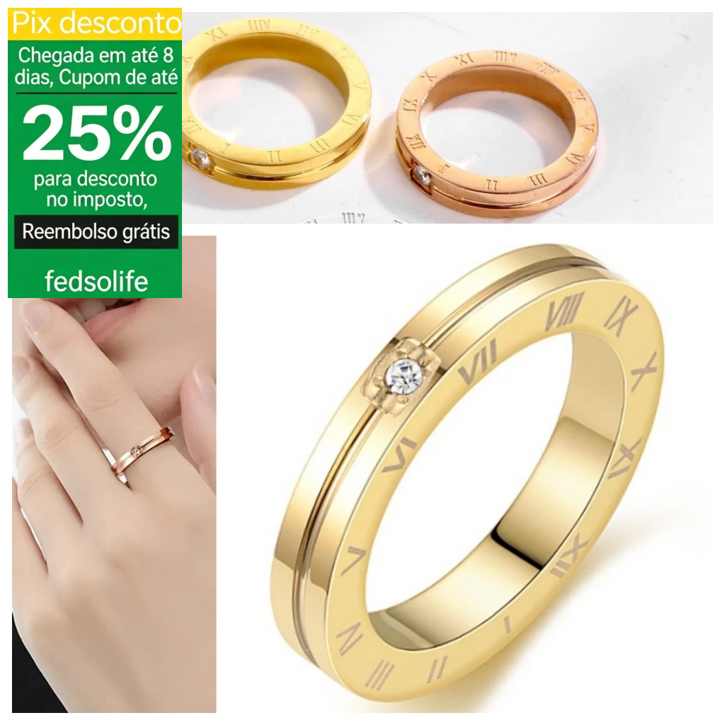 Fedsolife Anel INS Anel de Aço Titânio Moda Retro Numeral Romano Diamante Anel de Casal