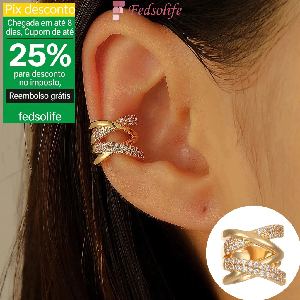 Fedsolife Clipe de orelha Diamante não perfurado moda dupla camada X osso de orelha cruzada feminino