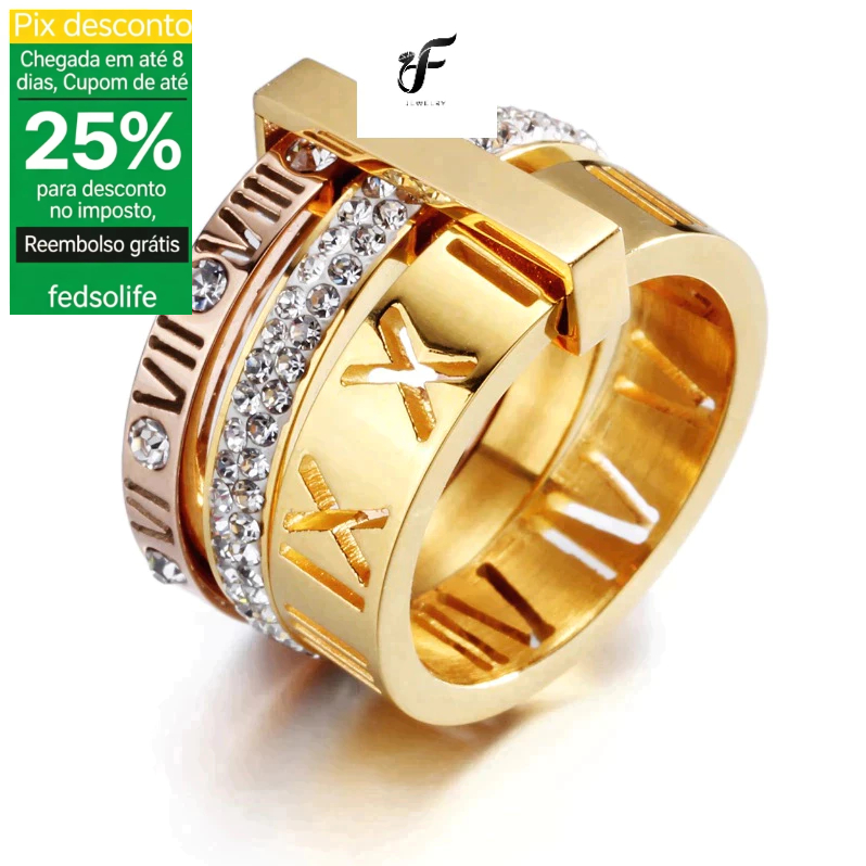 Fedsolux Anel de Aço Titânio Algarismos Romanos - Banhado a Ouro 18k Não Escurece Luxo