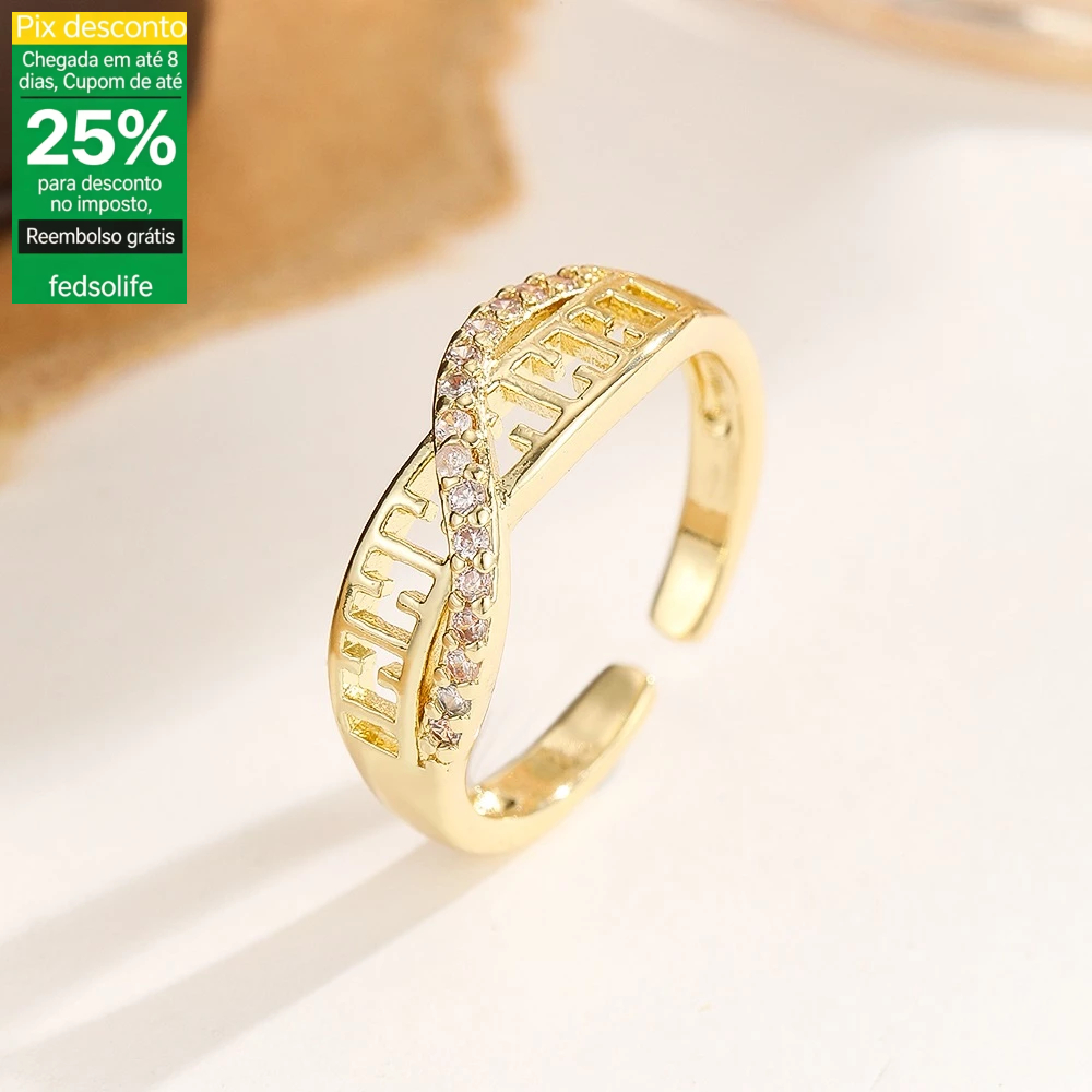 Anel Fedsolife ajustável diamante banhado a ouro clipe de papel cruz anel de diamante luz luxo