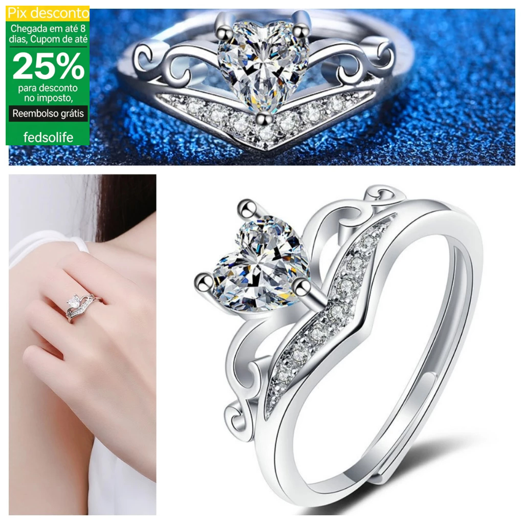 Fedsolife anel ajustável S925 prata um quilate Moissanite anel princesa coroa anel feminino versão