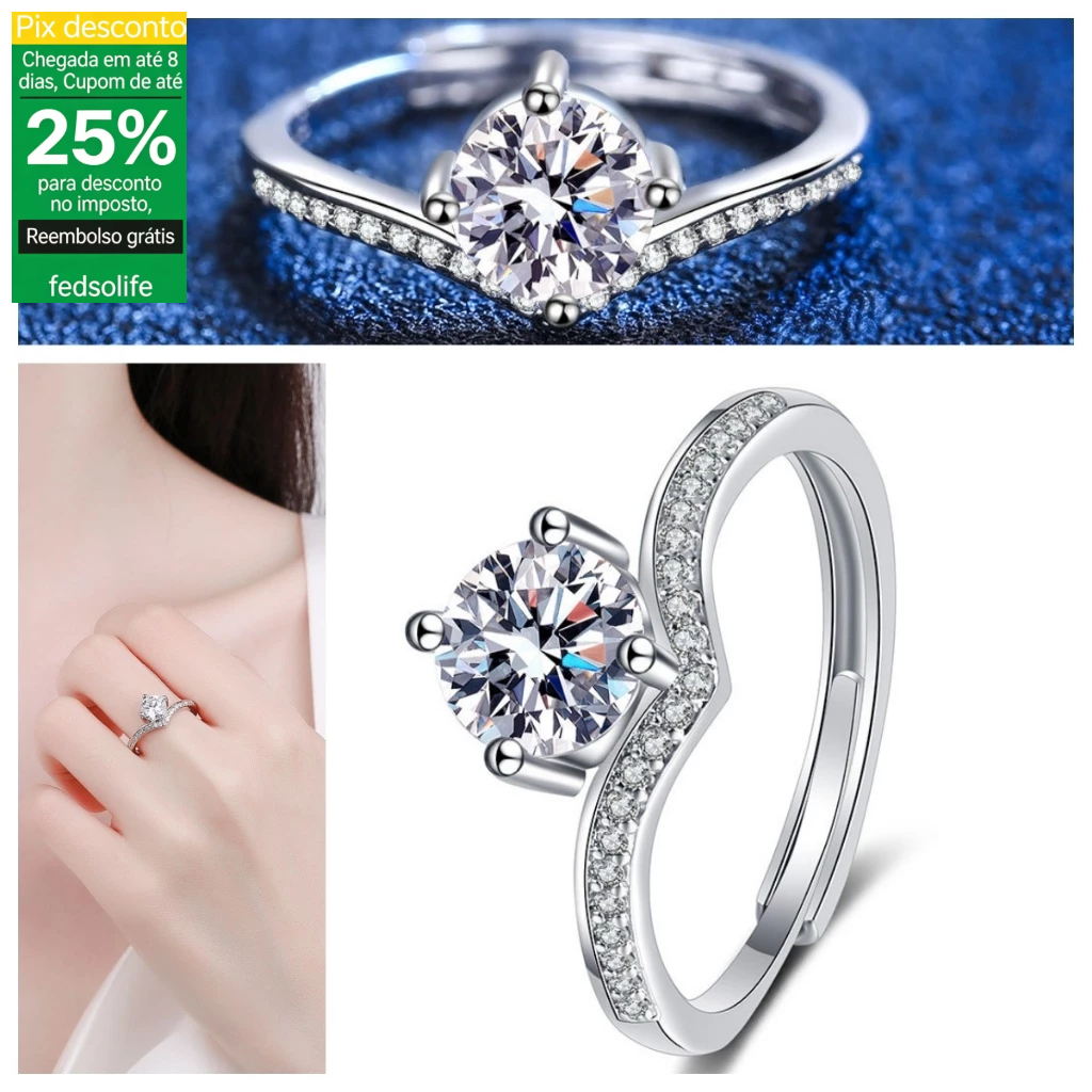 Fedsolife Anel Ajustável Diamante Moissanite Coroa Princesa Simples Generoso S925 Anel de Prata Moda