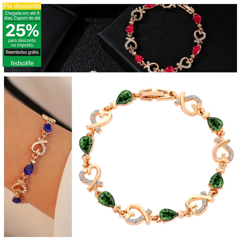 Fedsolife Pulseira Cristal Diamante Versão Coreana Amor Coração Pulseira Oca Elegante Flor Diamante