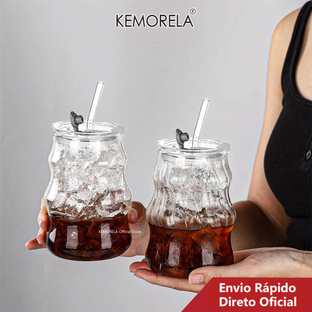 Copos Com Canudo De Vidro E Tampa , Conjunto De 18 Onças , Coquetel Bebidas Bolhas Onduladas Café Gelado Cerveja , Ideal